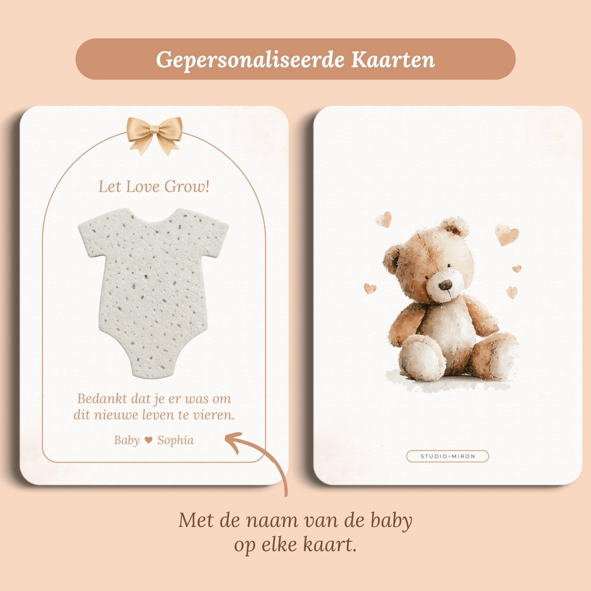 Kraamcadeau let love grow boho beige gepersonaliseerd voor en achter Studio Miron