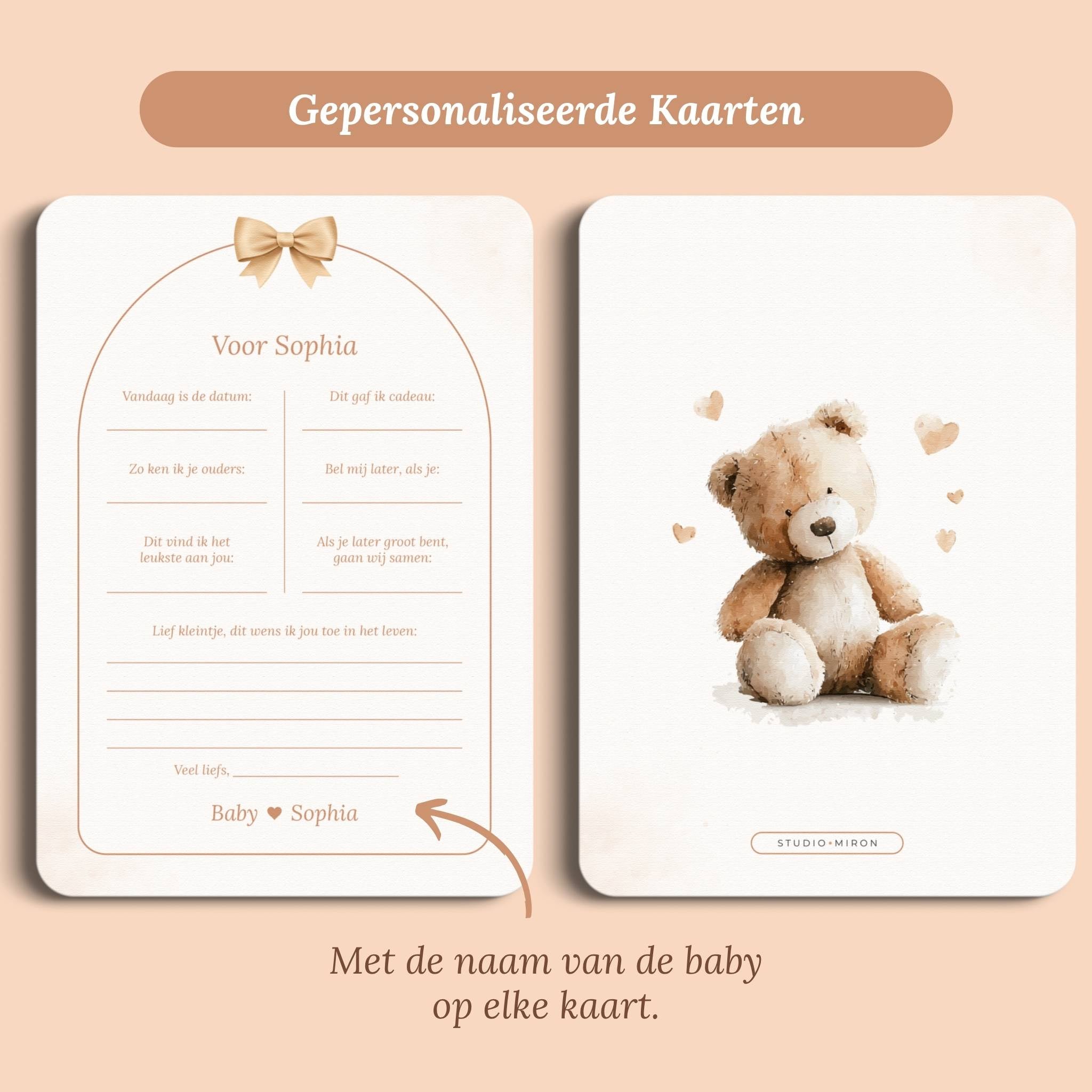 Kraamkaarten voor de baby boho beige gepersonaliseerd voor en achter Studio Miron