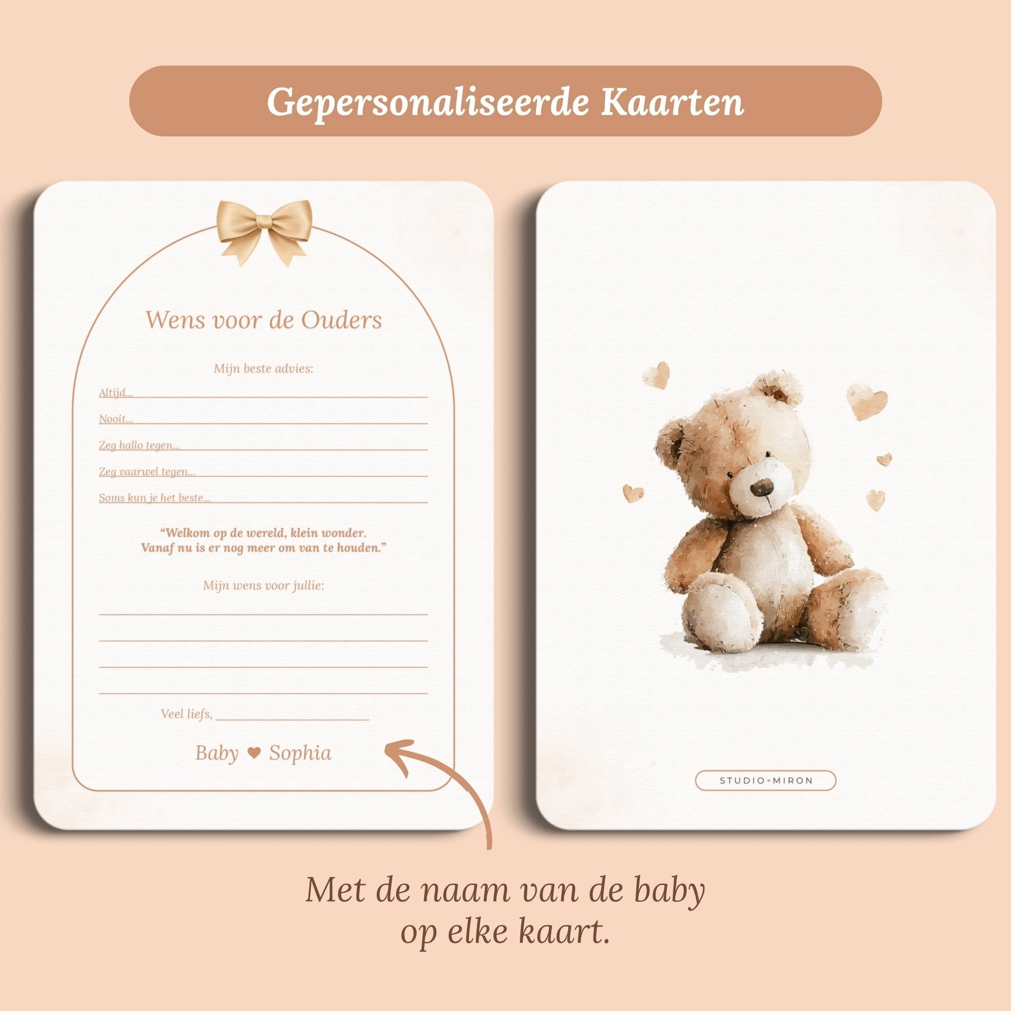 Kraamkaarten voor de ouders boho beige gepersonaliseerd voor en achter Studio Miron