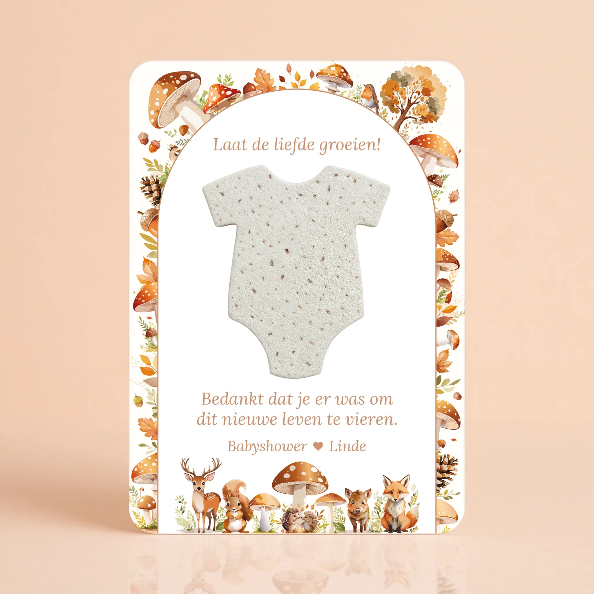 Babyshower cadeau bedankje zaadpapier romper bosdieren gepersonaliseerd Studio Miron