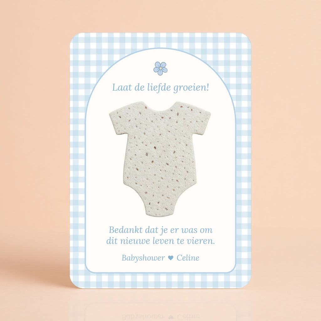 Babyshower cadeau bedankje zaadpapier romper gingham blauw gepersonaliseerd Studio Miron