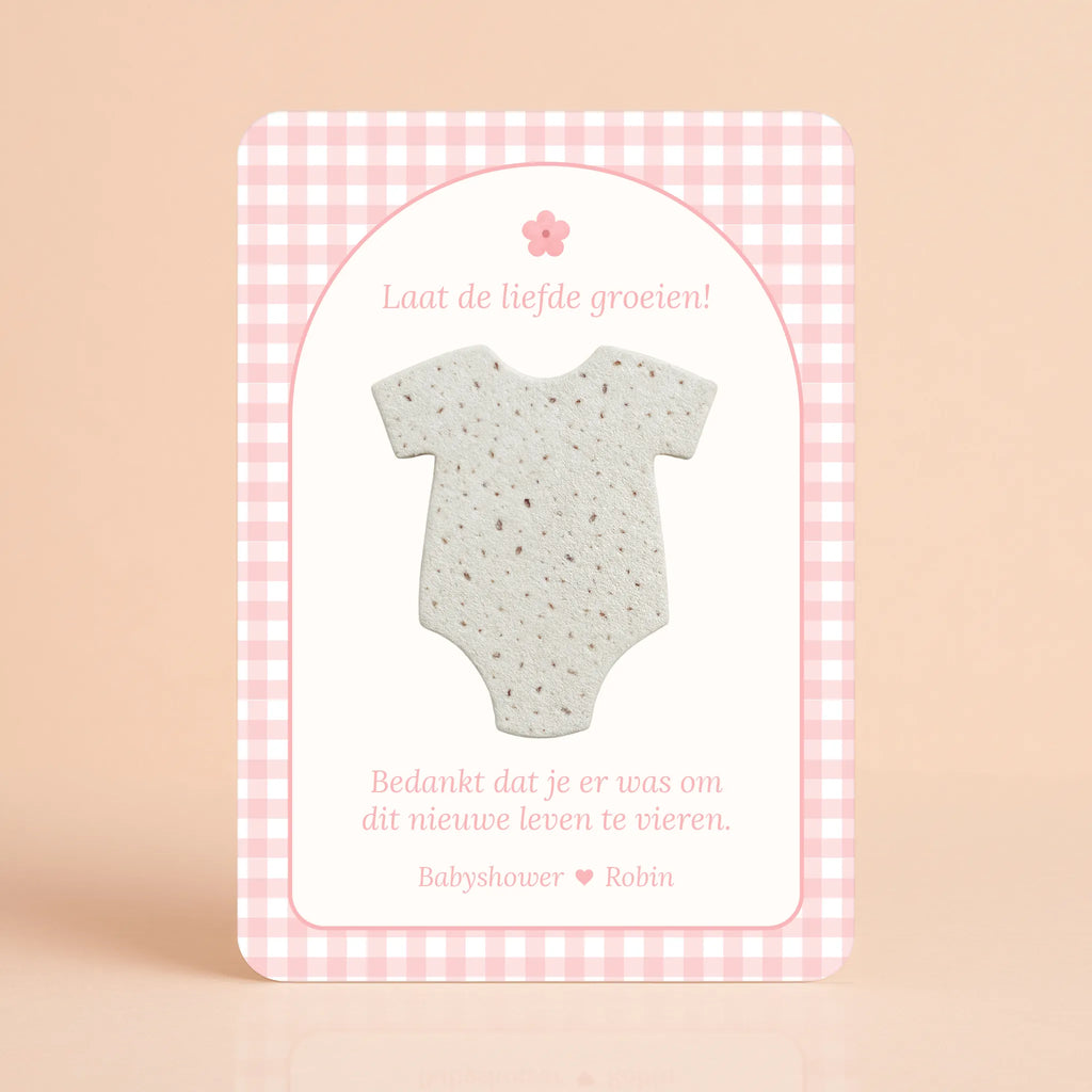 Babyshower cadeau bedankje zaadpapier romper gingham roze