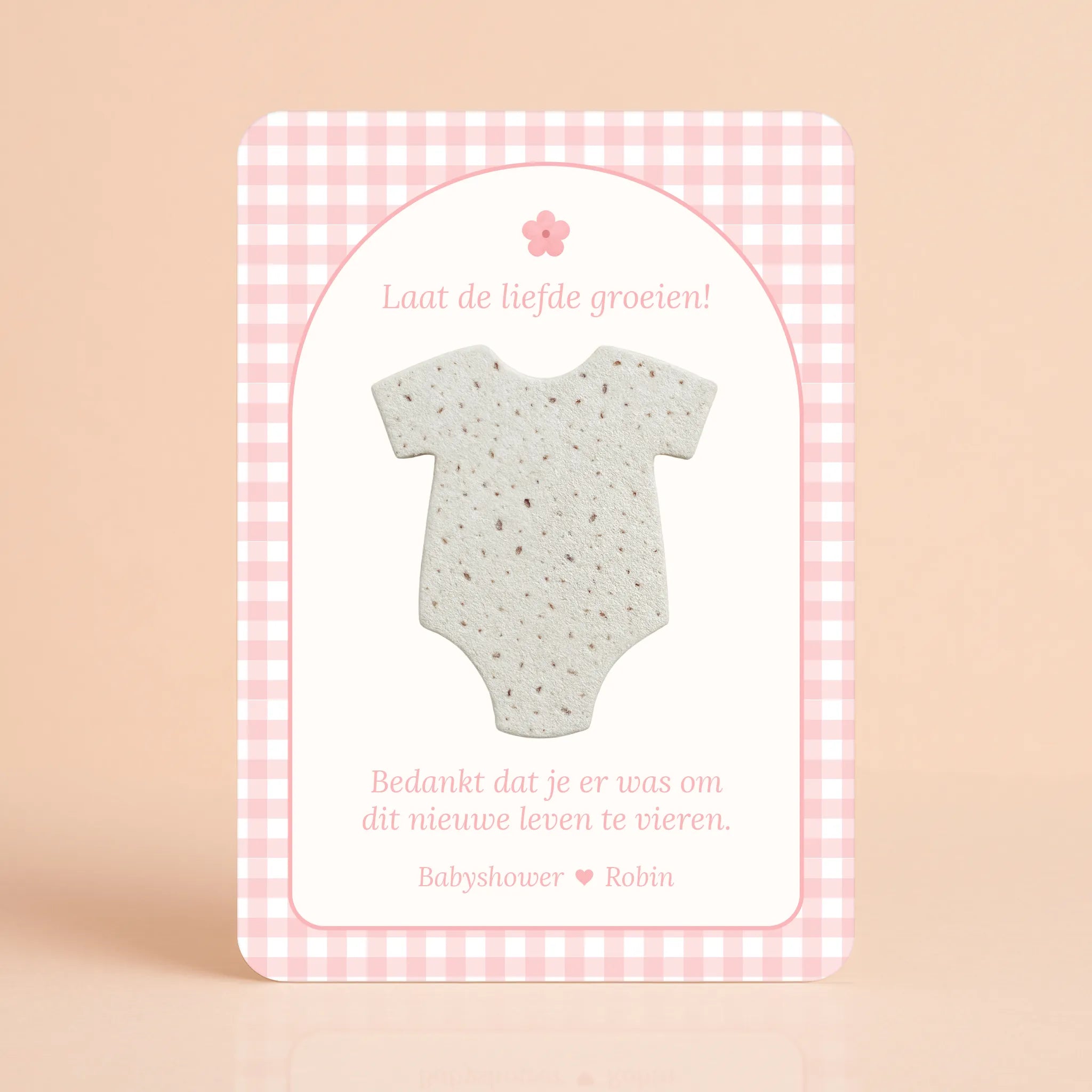 Babyshower cadeau bedankje zaadpapier romper gingham roze