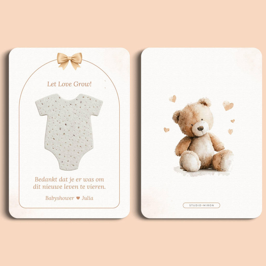 Babyshower cadeau bedankje zaadpapier rompertje boho beige beertje voor en achter Studio Miron