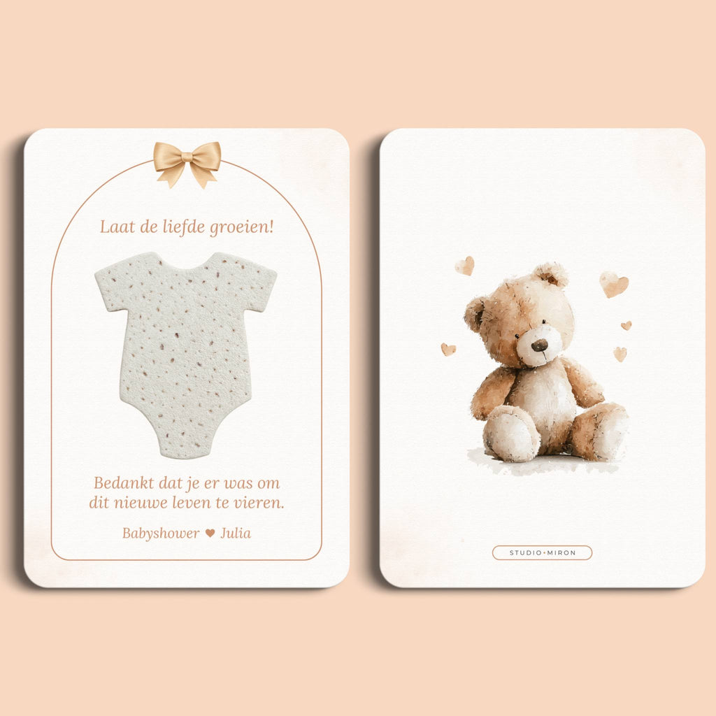 Babyshower cadeau bedankje zaadpapier rompertje boho beige beertje voor en achter Studio Miron