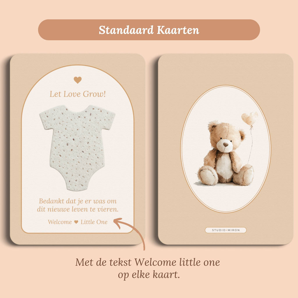 Babyshower cadeau bedankje zaadpapier rompertje boho zand standaard voor en achter Studio Miron