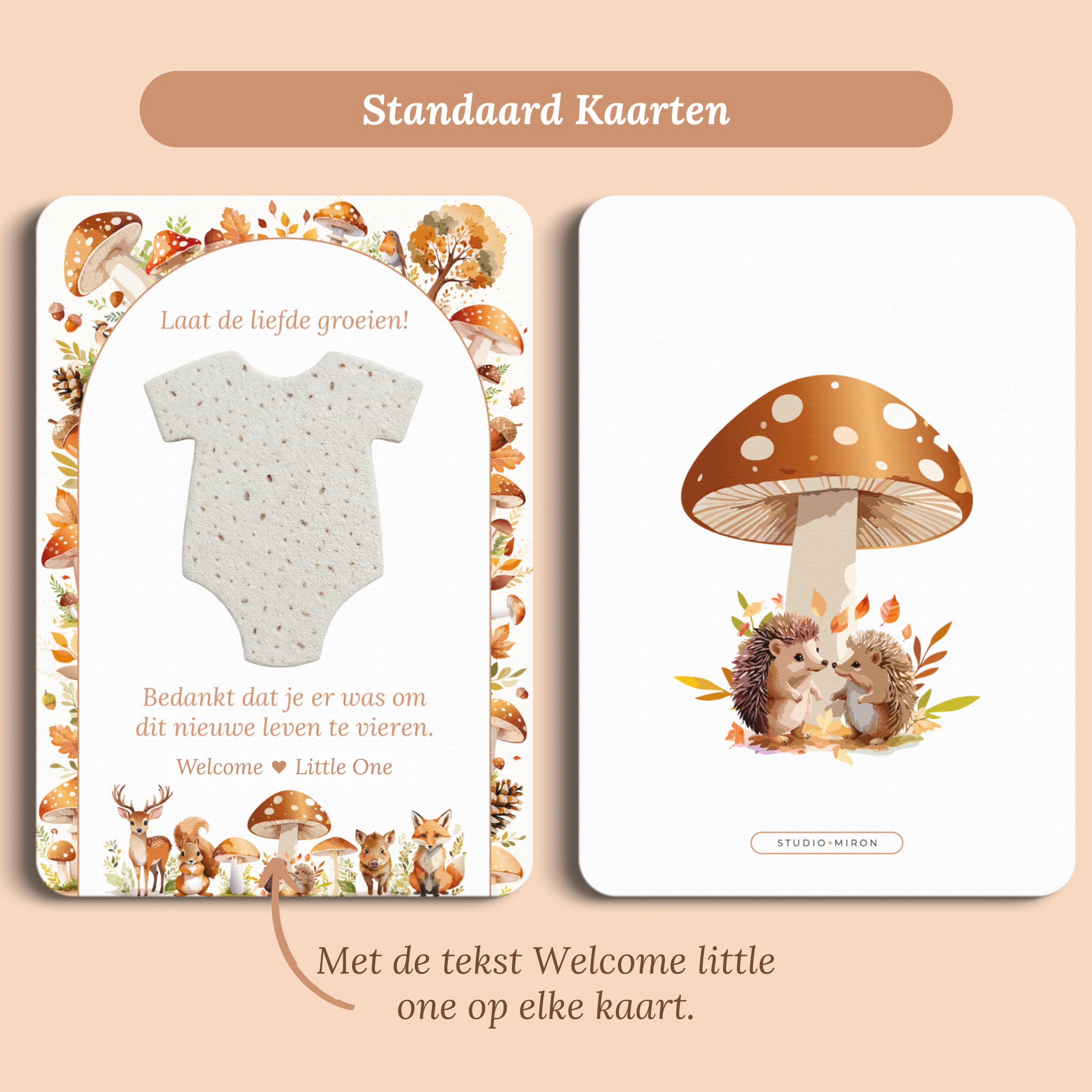 Babyshower cadeau en bedankje met zaadpapier romper in Bosdieren stijl, standaardversie met Welcome Little One – Studio Miron