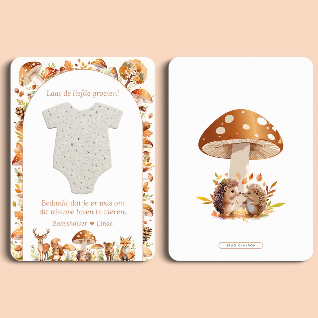 Babyshower cadeau en bedankje met zaadpapier romper in Bosdieren stijl, voor- en achterkant – Studio Miron