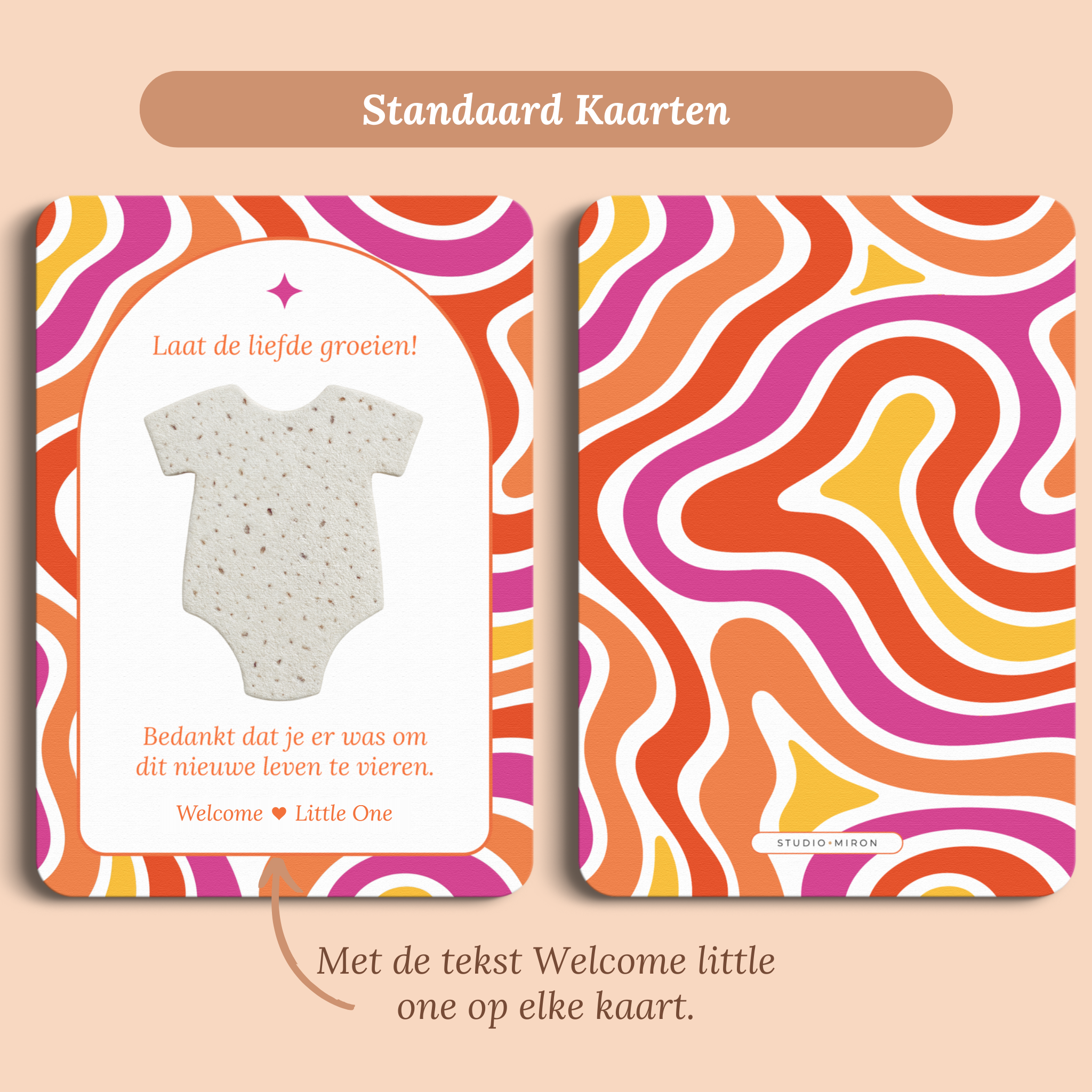 Babyshower cadeau en bedankje met zaadpapier romper in Flower Power stijl, standaardversie met Welcome Little One – Studio Miron