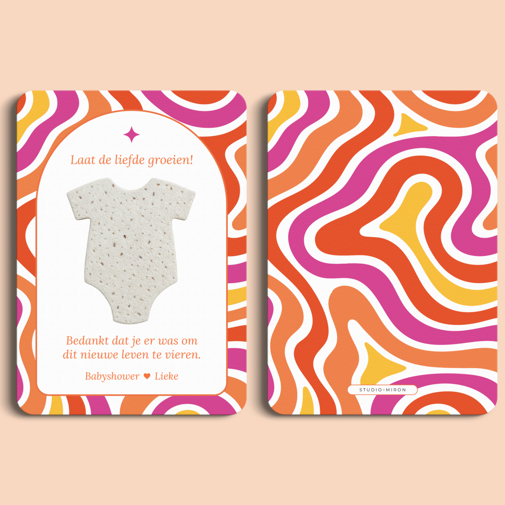 Babyshower cadeau en bedankje met zaadpapier romper in Flower Power stijl, voor- en achterkant – Studio Miron
