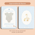 Babyshower cadeau bedankje zaadpapier rompertje gingham blauw gepersonaliseerd voor en achter Studio Miron