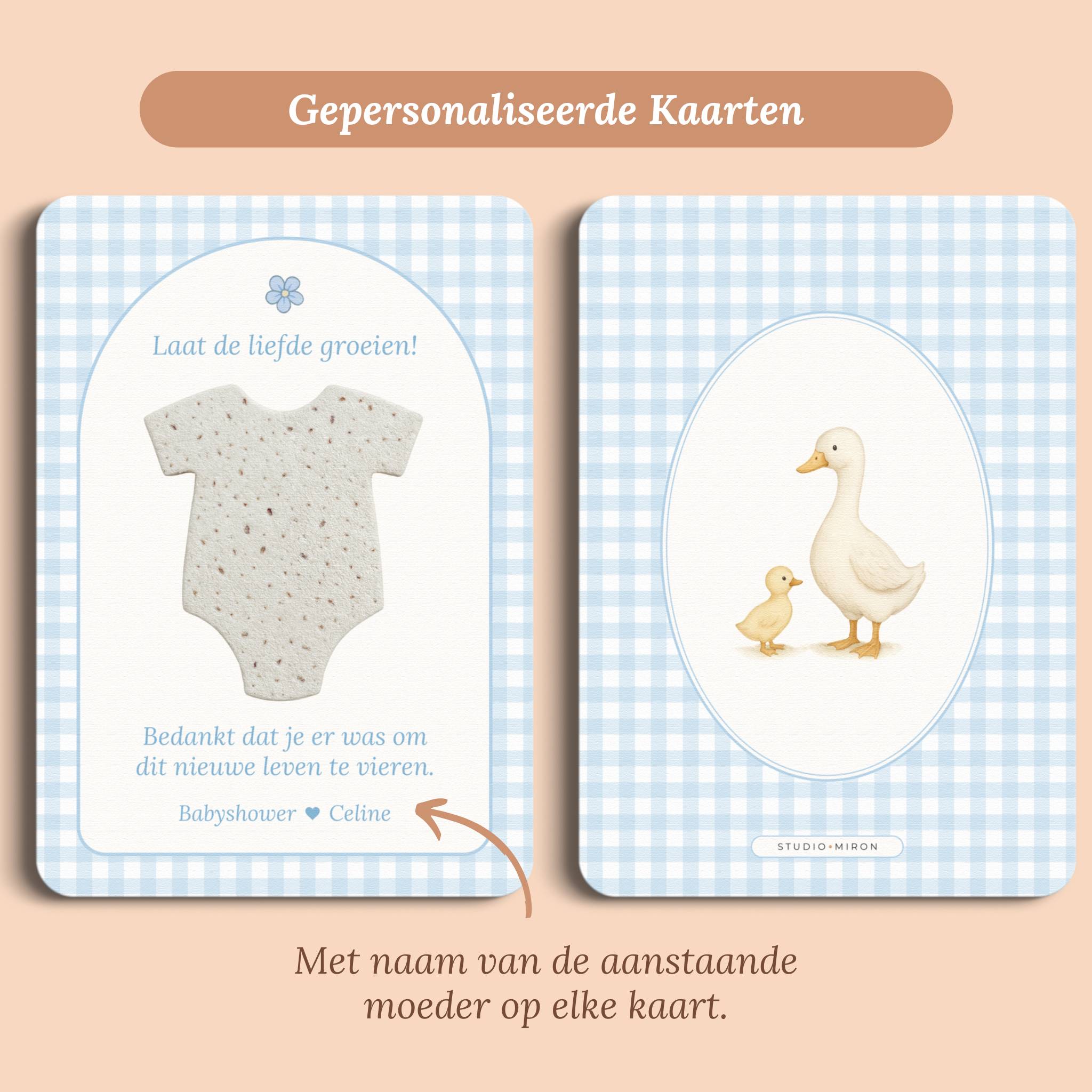 Babyshower cadeau bedankje zaadpapier rompertje gingham blauw gepersonaliseerd voor en achter Studio Miron
