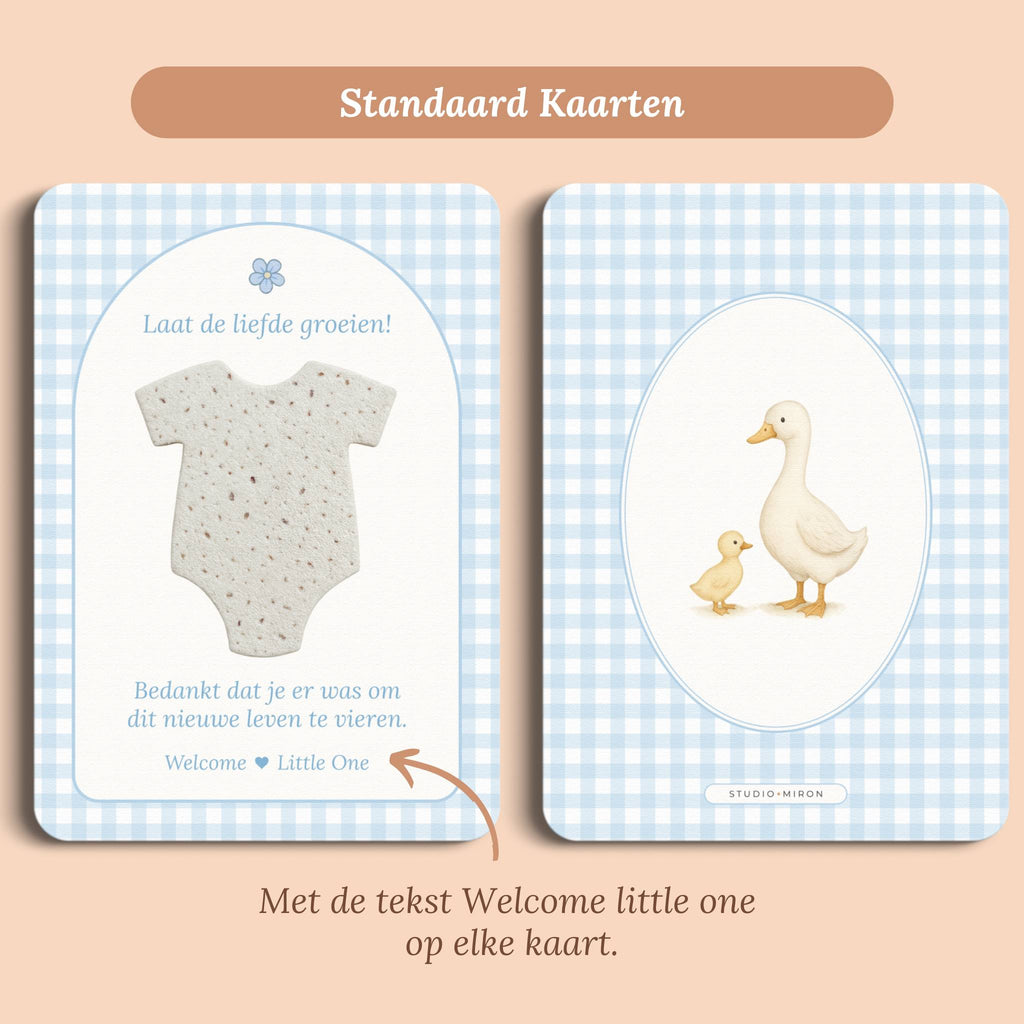 Babyshower cadeau bedankje zaadpapier rompertje gingham blauw standaard voor en achter Studio Miron