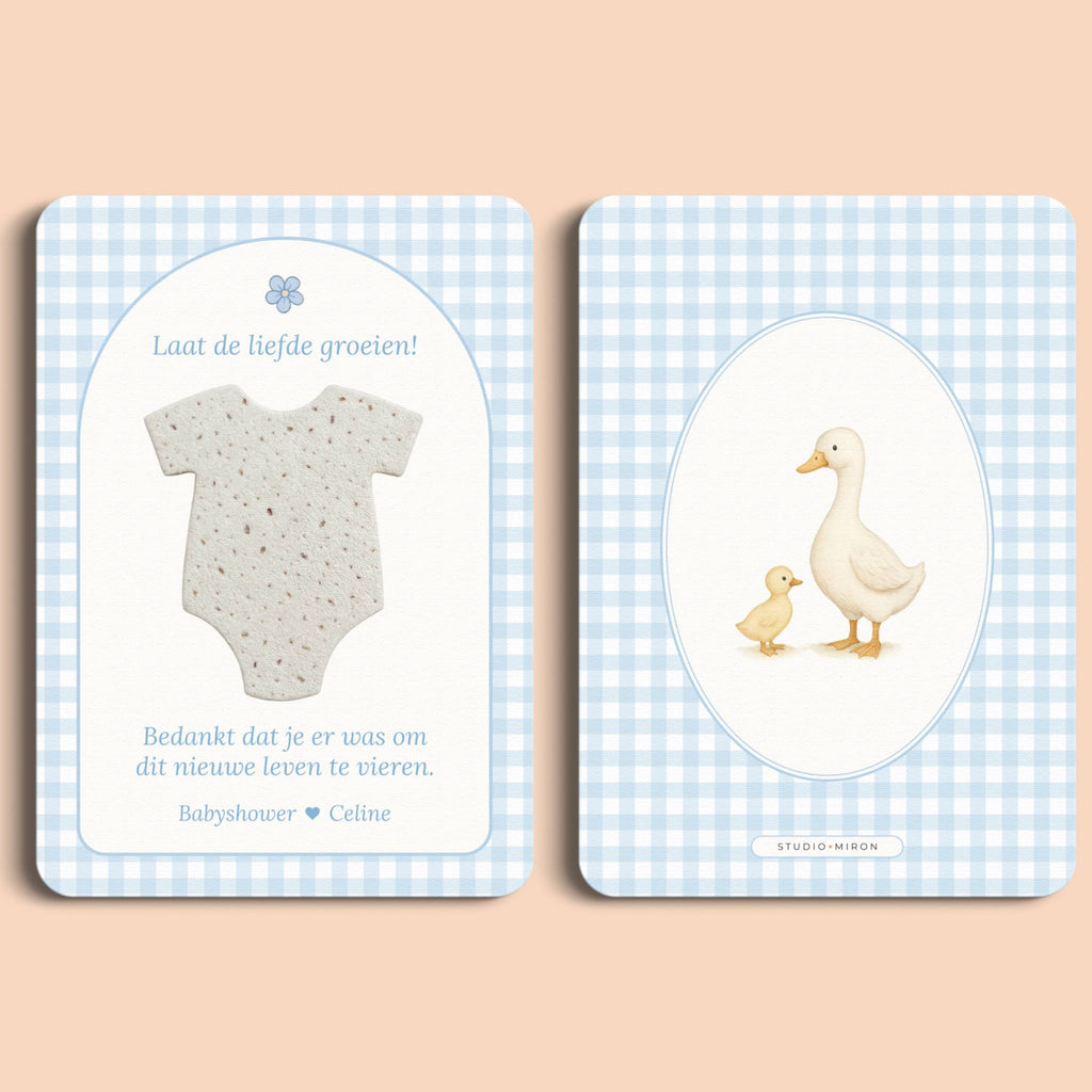 Babyshower cadeau bedankje zaadpapier rompertje gingham blauw voor en achter Studio Miron