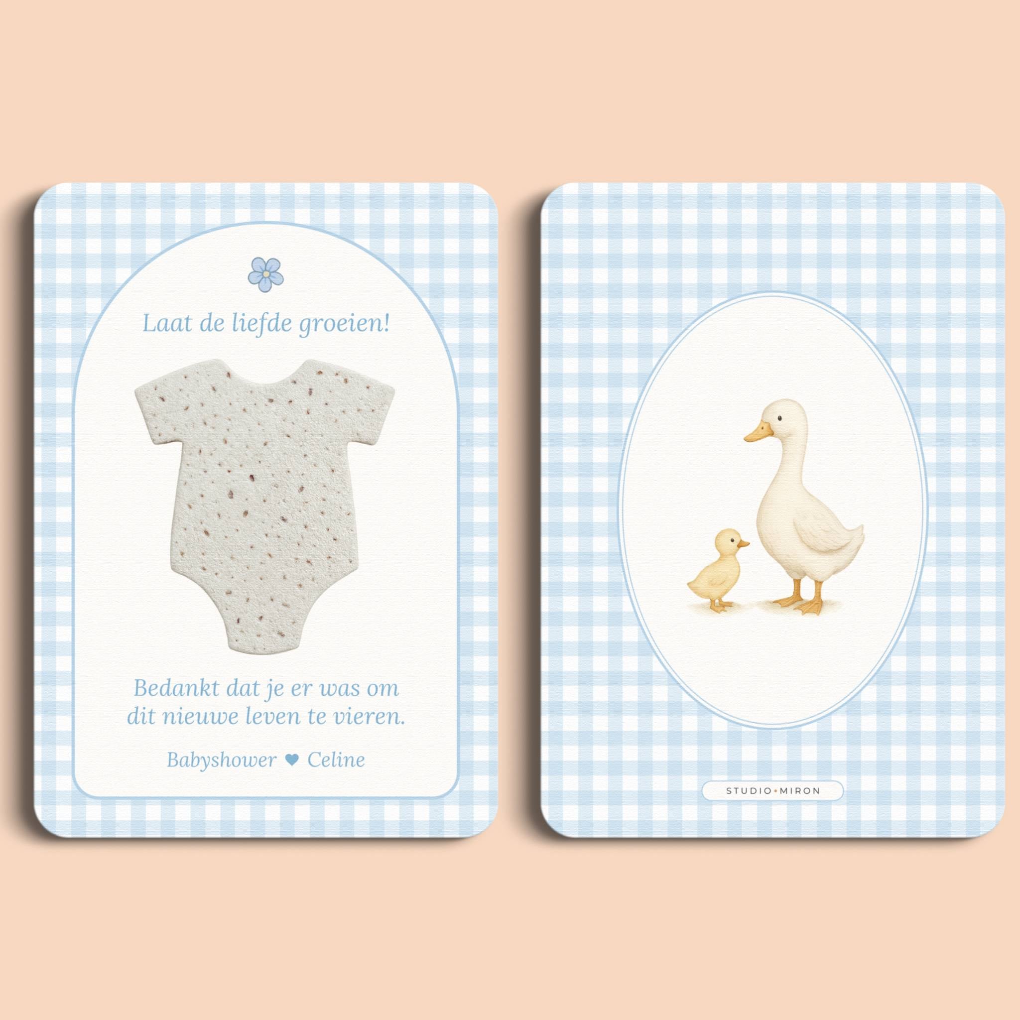 Babyshower cadeau bedankje zaadpapier rompertje gingham blauw voor en achter Studio Miron
