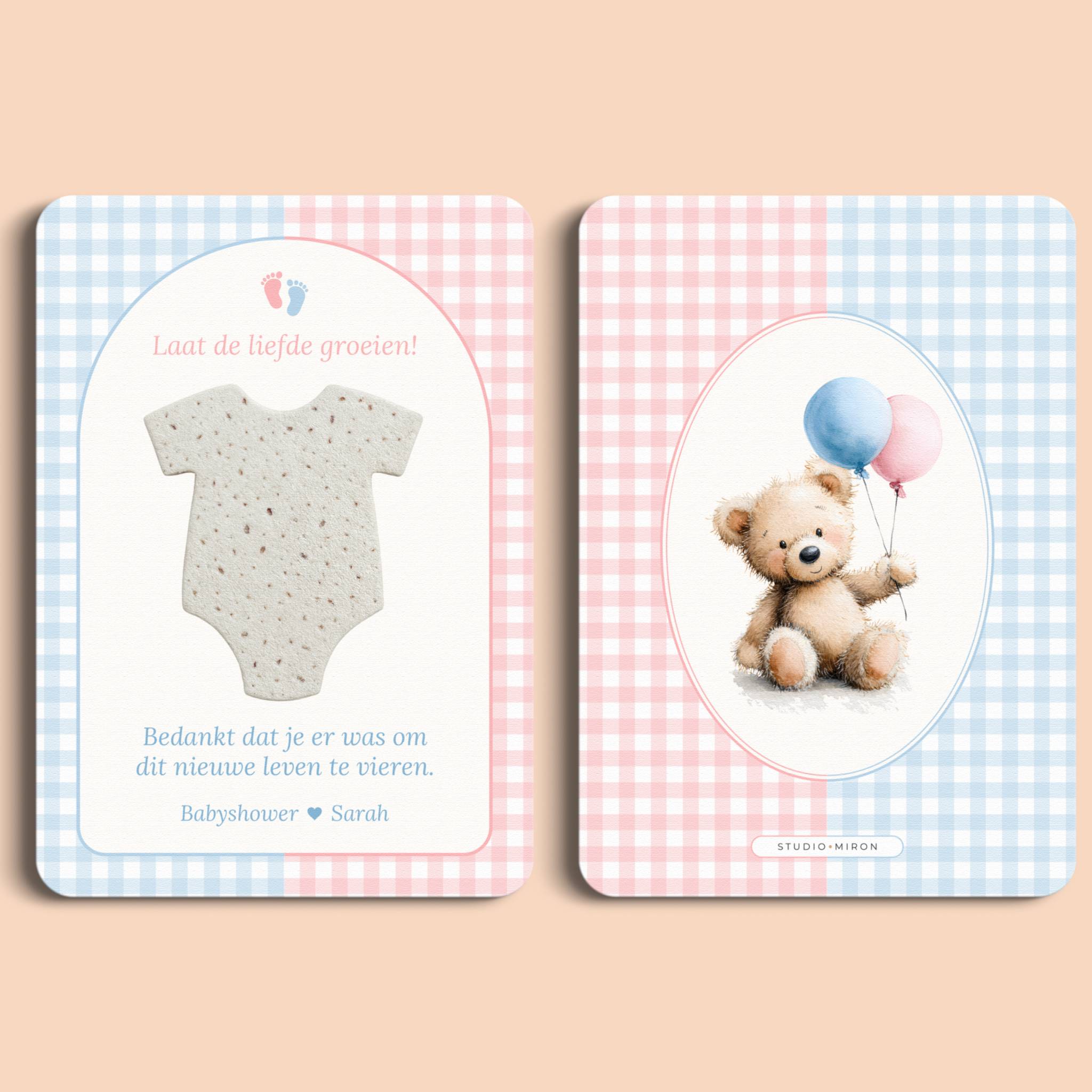 Babyshower cadeau bedankje zaadpapier rompertje gingham roze blauw voor en achter Studio Miron