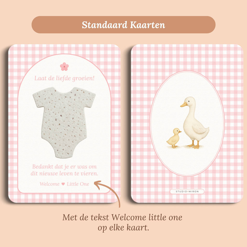 Babyshower cadeau bedankje zaadpapier rompertje gingham roze standaard voor en achter Studio Miron