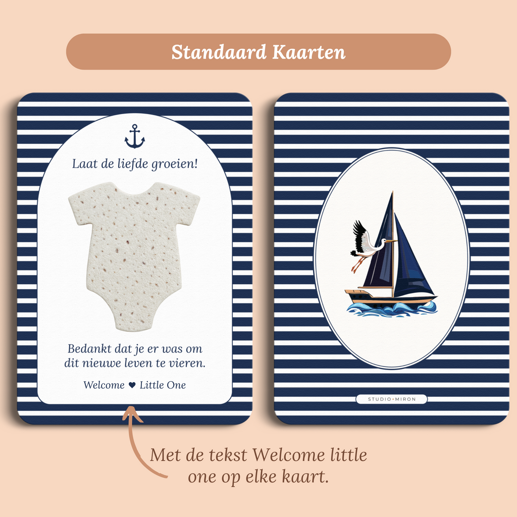 Babyshower cadeau en bedankje met zaadpapier romper in Navy Blue stijl, standaardversie met Welcome Little One – Studio Miron