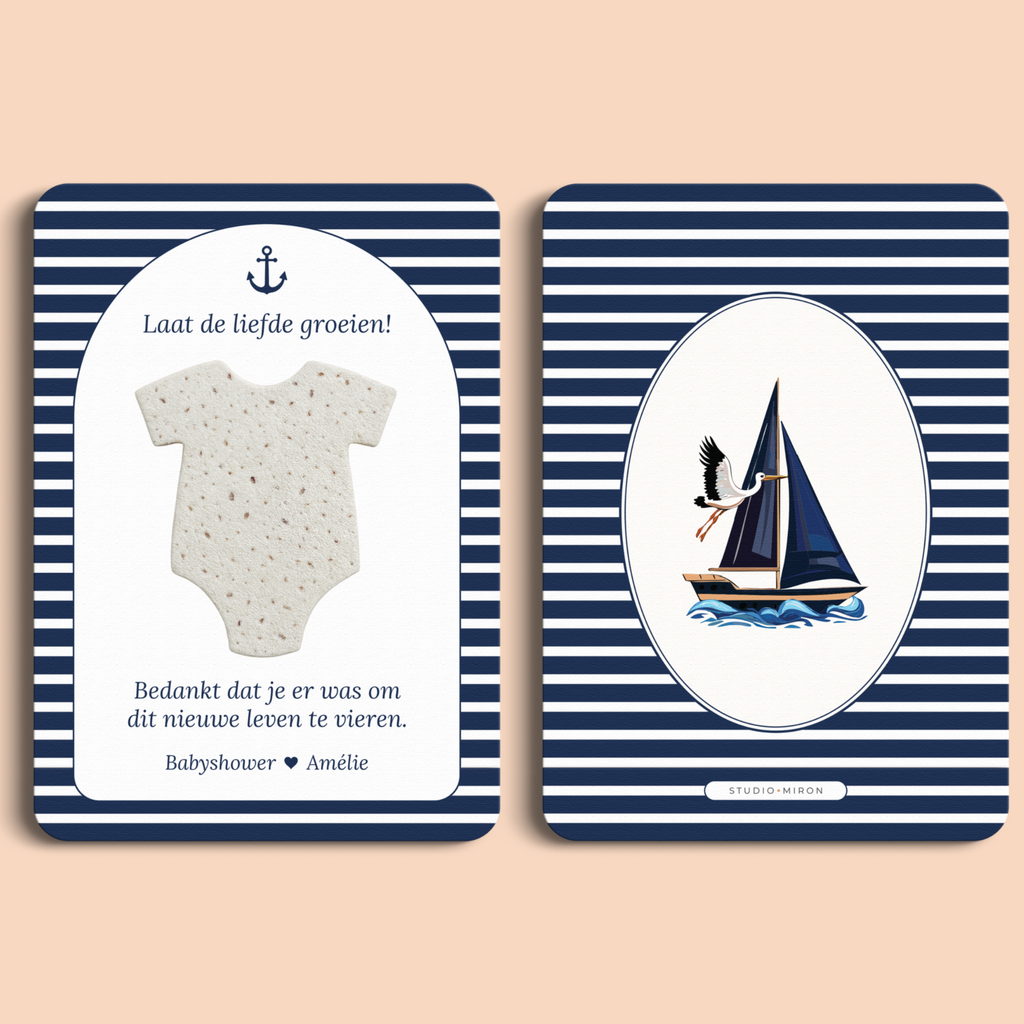 Babyshower cadeau en bedankje met zaadpapier romper in Navy Blue stijl, voor- en achterkant – Studio Miron