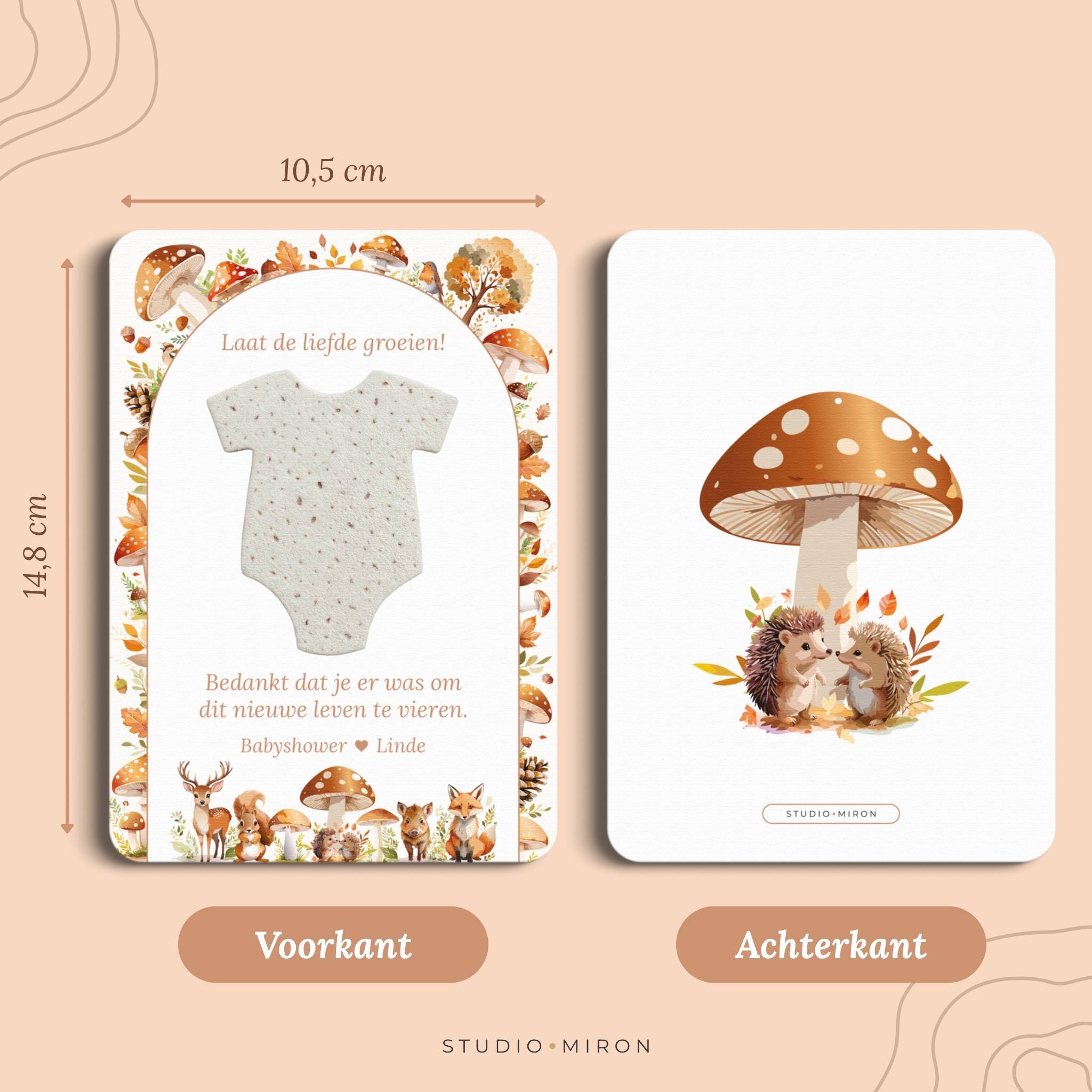 Babyshower cadeau zaadpapier rompertje formaat voorkant en achterkant bosdieren Studio Miron