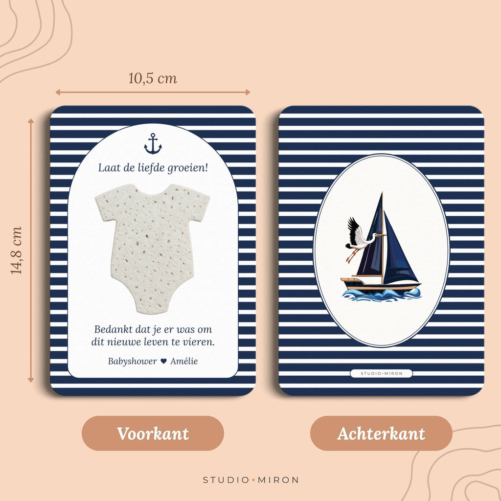 Babyshower cadeau zaadpapier rompertje formaat voorkant en achterkant navy blue Studio Miron