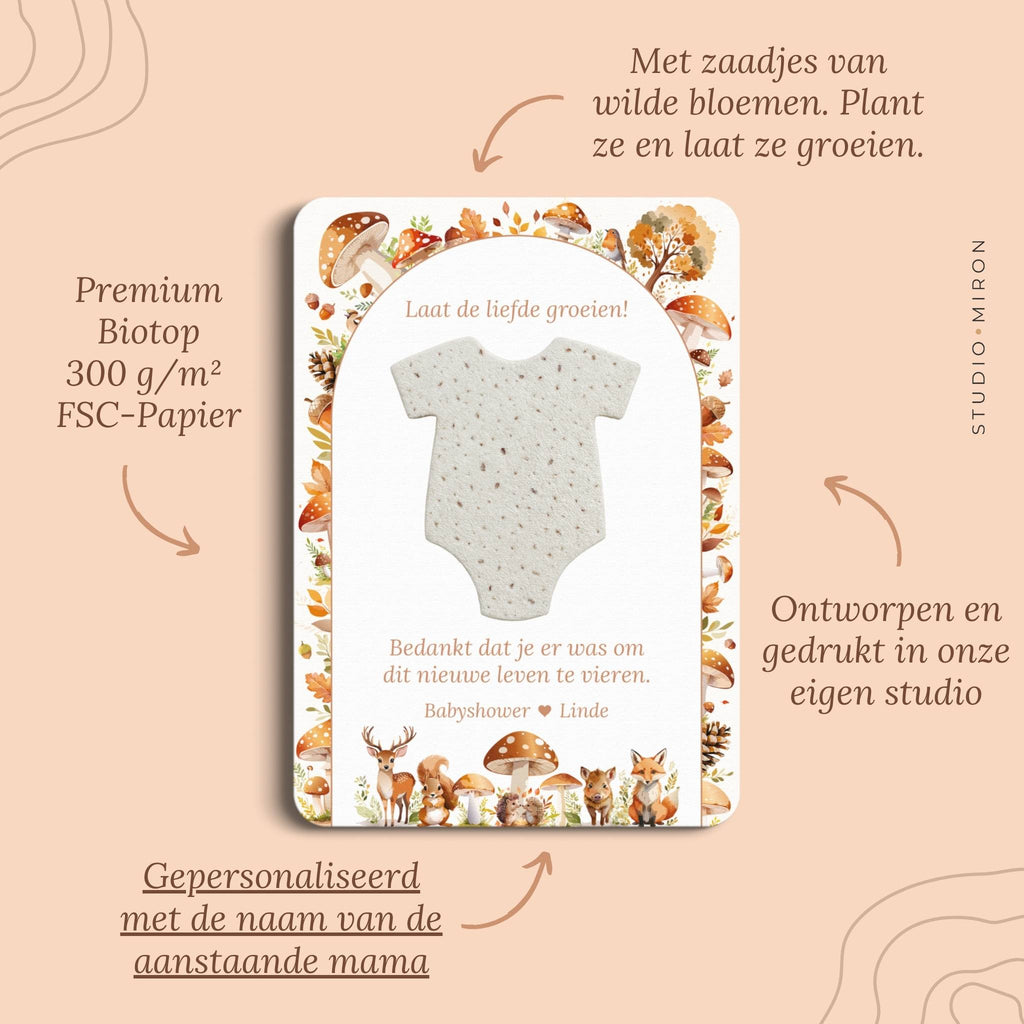 Babyshower cadeau zaadpapier rompertje pluspunten bosdieren Studio Miron
