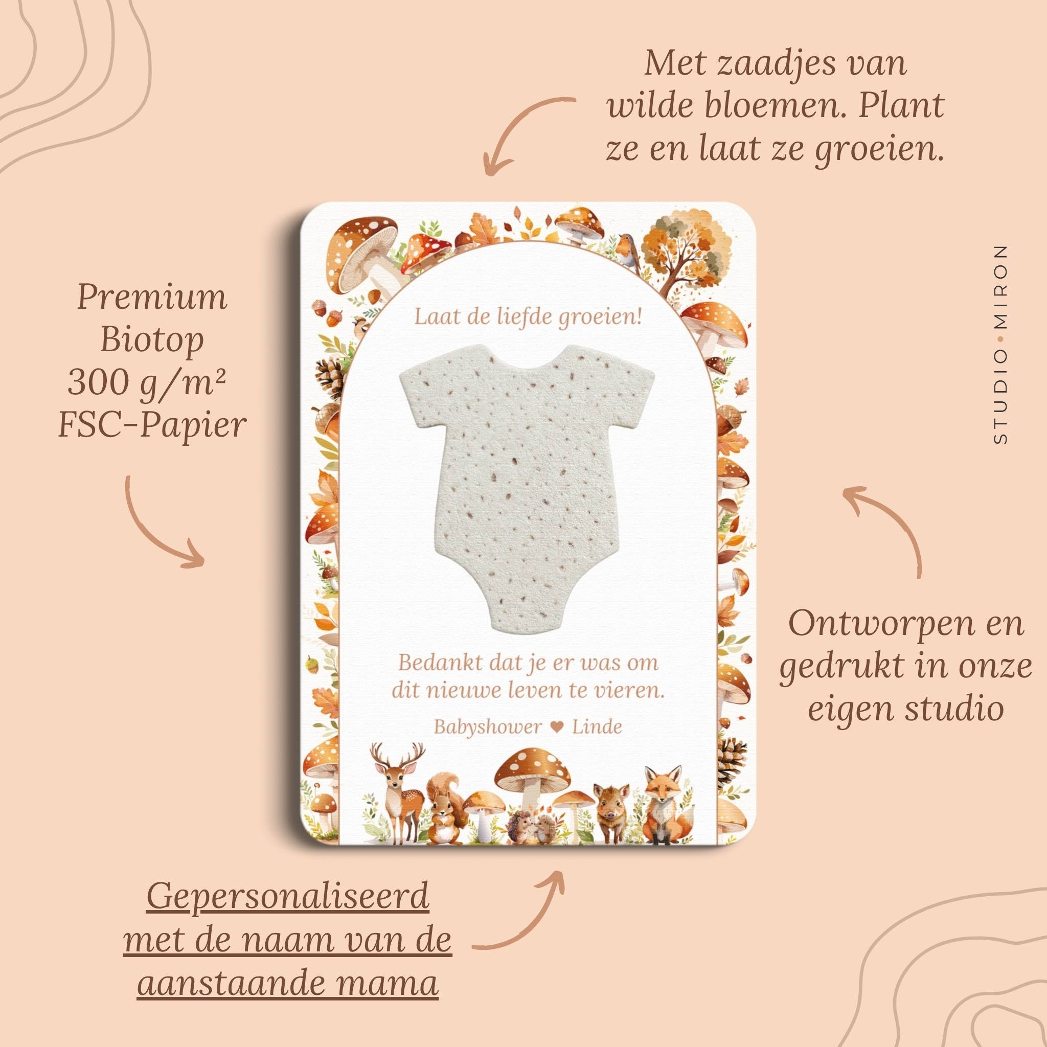 Babyshower cadeau zaadpapier rompertje pluspunten bosdieren Studio Miron