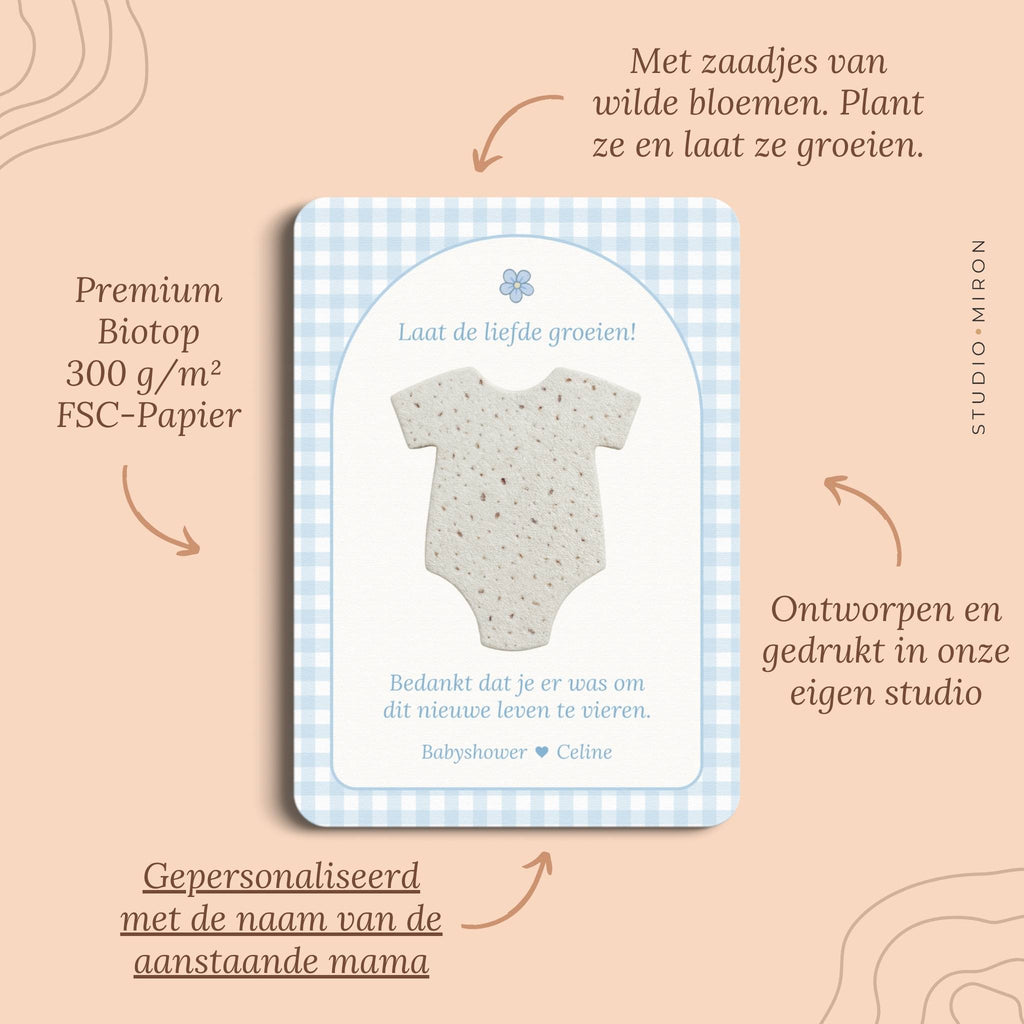 Babyshower cadeau zaadpapier rompertje pluspunten gingham blauw Studio Miron