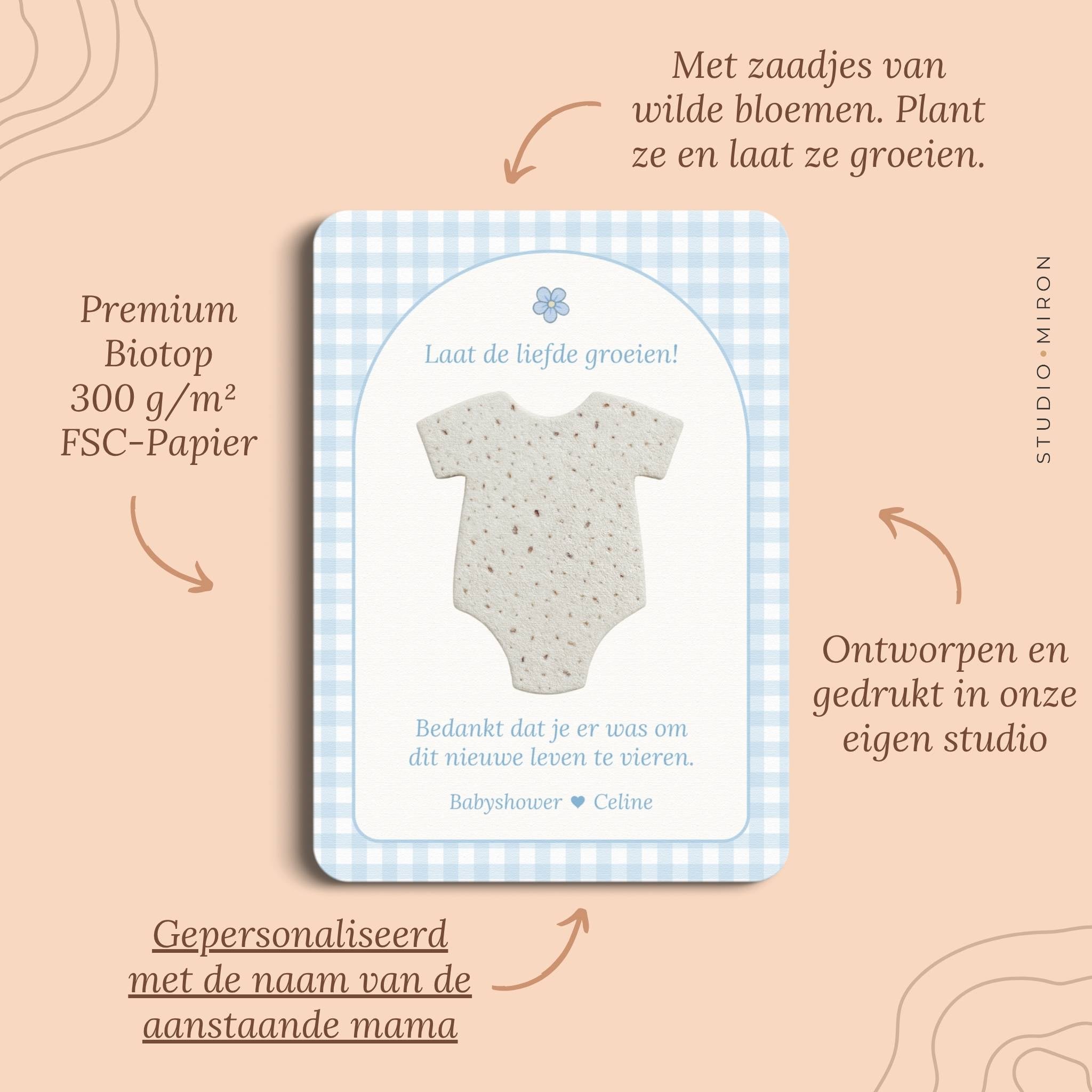 Babyshower cadeau zaadpapier rompertje pluspunten gingham blauw Studio Miron