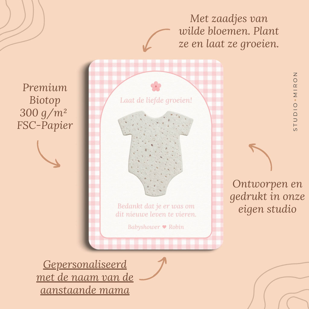 Babyshower cadeau zaadpapier rompertje pluspunten gingham roze Studio Miron