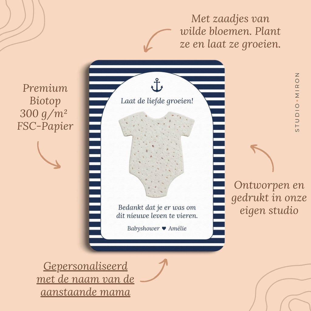 Babyshower cadeau zaadpapier rompertje pluspunten navy blue Studio Miron