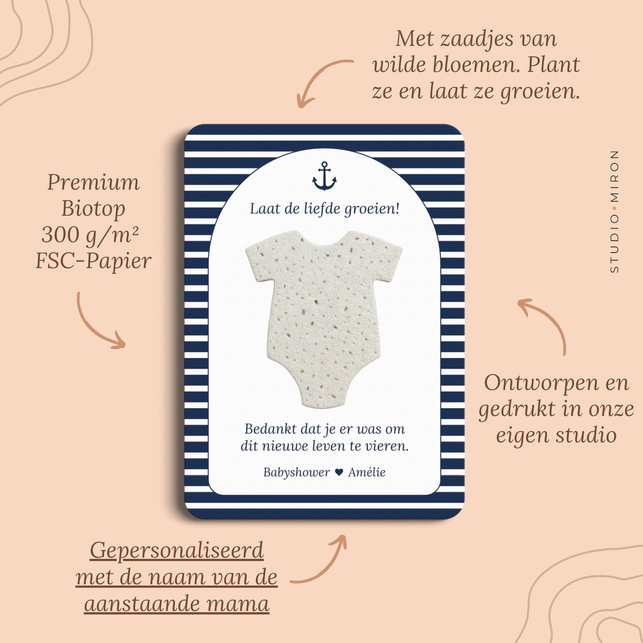 Babyshower cadeau zaadpapier rompertje pluspunten navy blue Studio Miron
