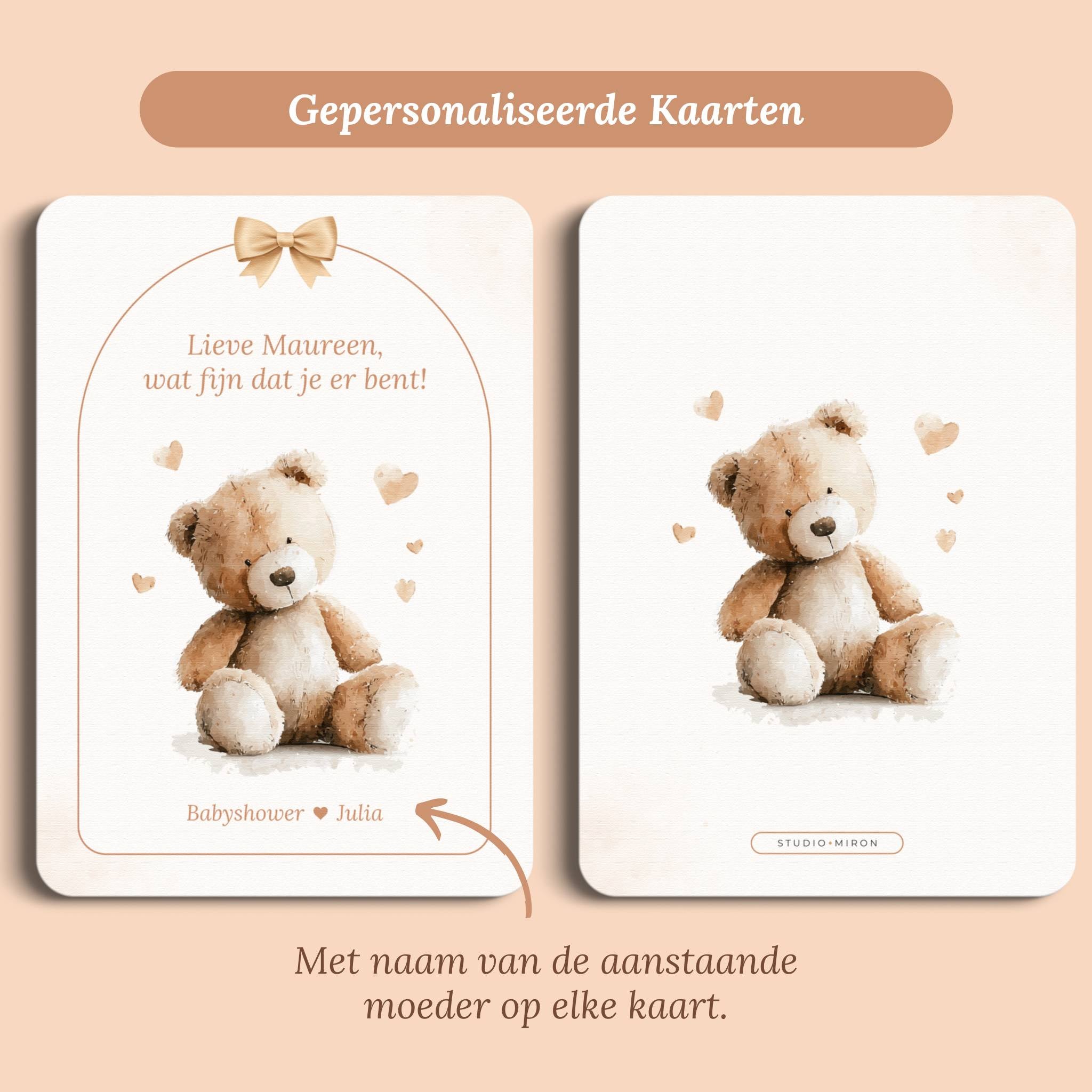 Babyshower decoratie mini welkomstbord A6 naamkaart boho beige beertje gepersonaliseerd voor en achter Studio Miron