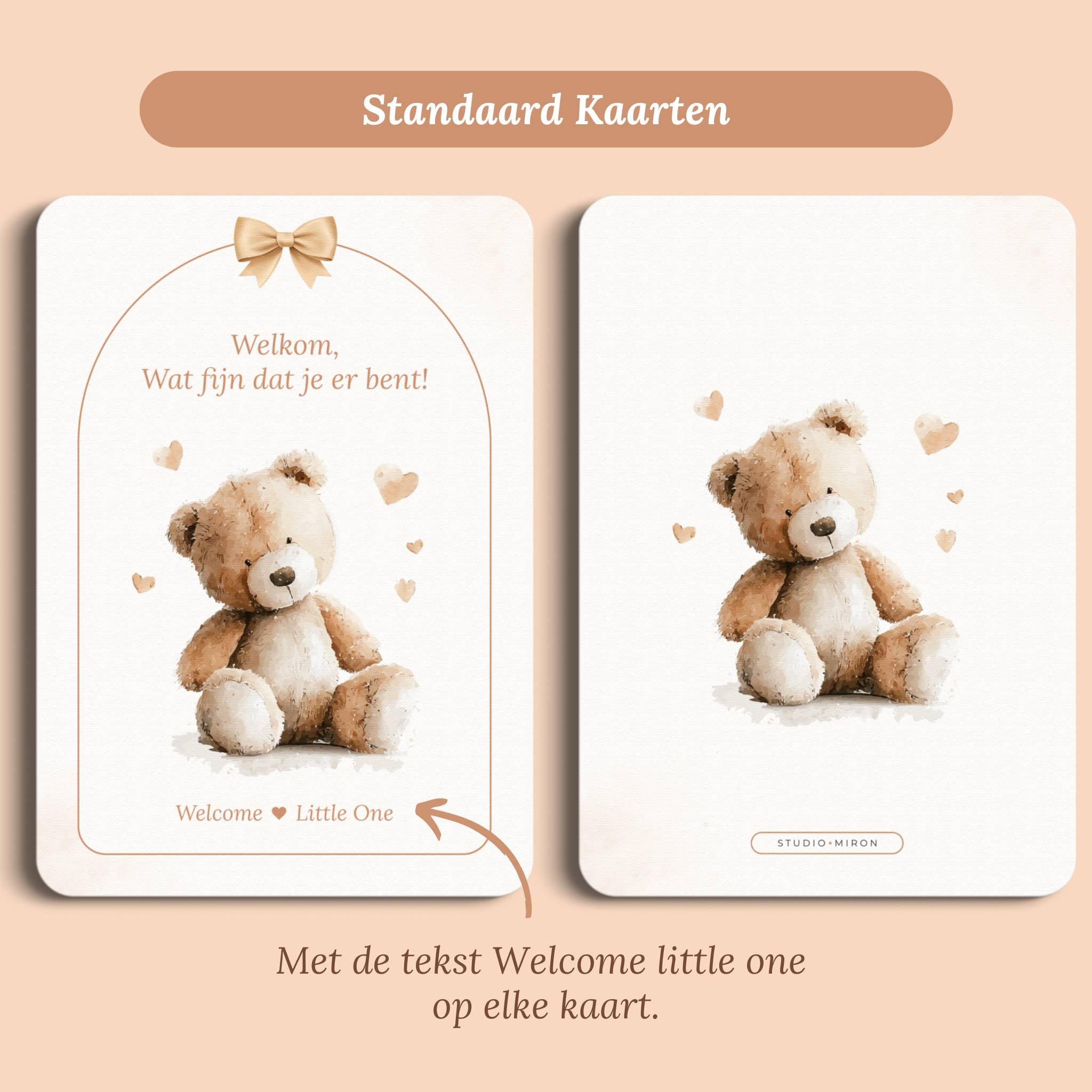 Babyshower decoratie mini welkomstbord A6 naamkaart boho beige beertje standaard voor en achter Studio Miron