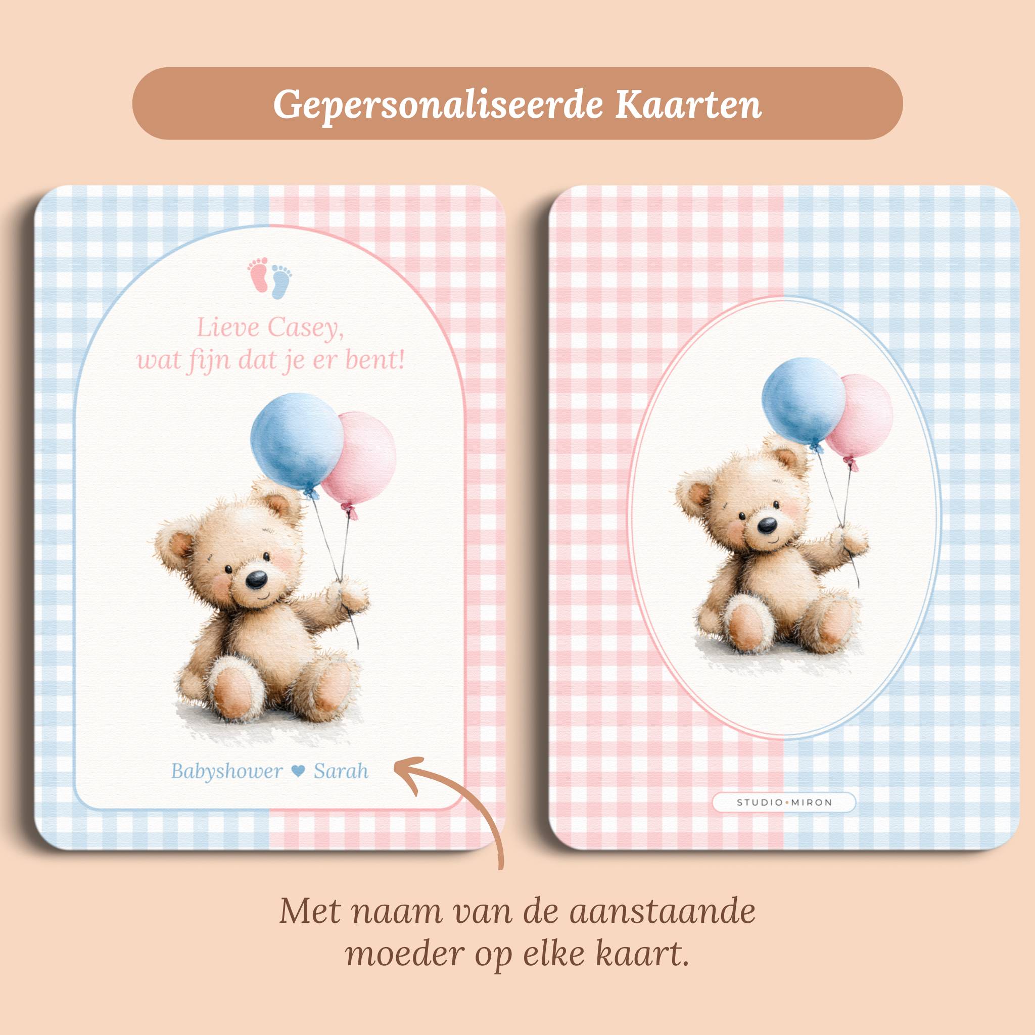 Babyshower decoratie mini welkomstbord A6 naamkaart gingham roze blauw gepersonaliseerd voor en achter Studio Miron