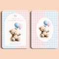 Babyshower decoratie mini welkomstbord A6 naamkaart gingham roze blauw voor en achter Studio Miron