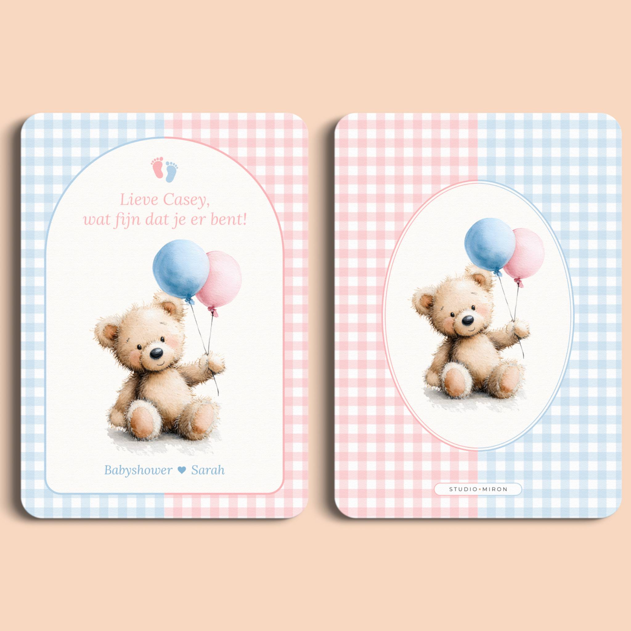Babyshower decoratie mini welkomstbord A6 naamkaart gingham roze blauw voor en achter Studio Miron