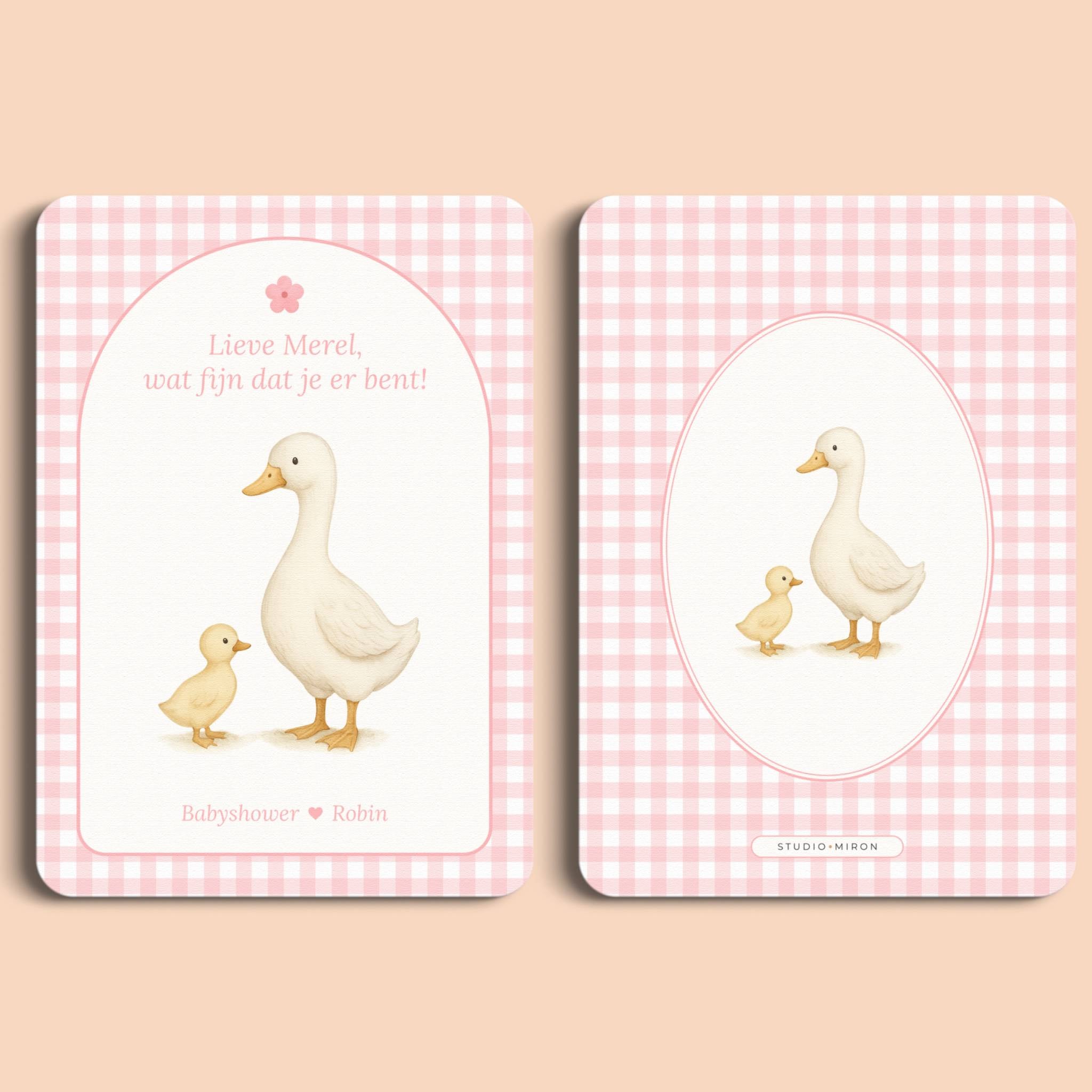 Babyshower decoratie mini welkomstbord A6 naamkaart gingham roze voor en achter Studio Miron