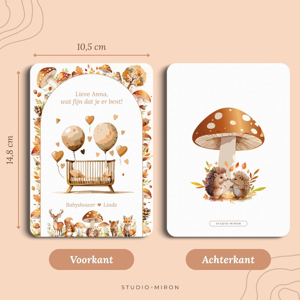 Babyshower decoratie welkomstposter naamkaart formaat voorkant en achterkant bosdieren Studio Miron