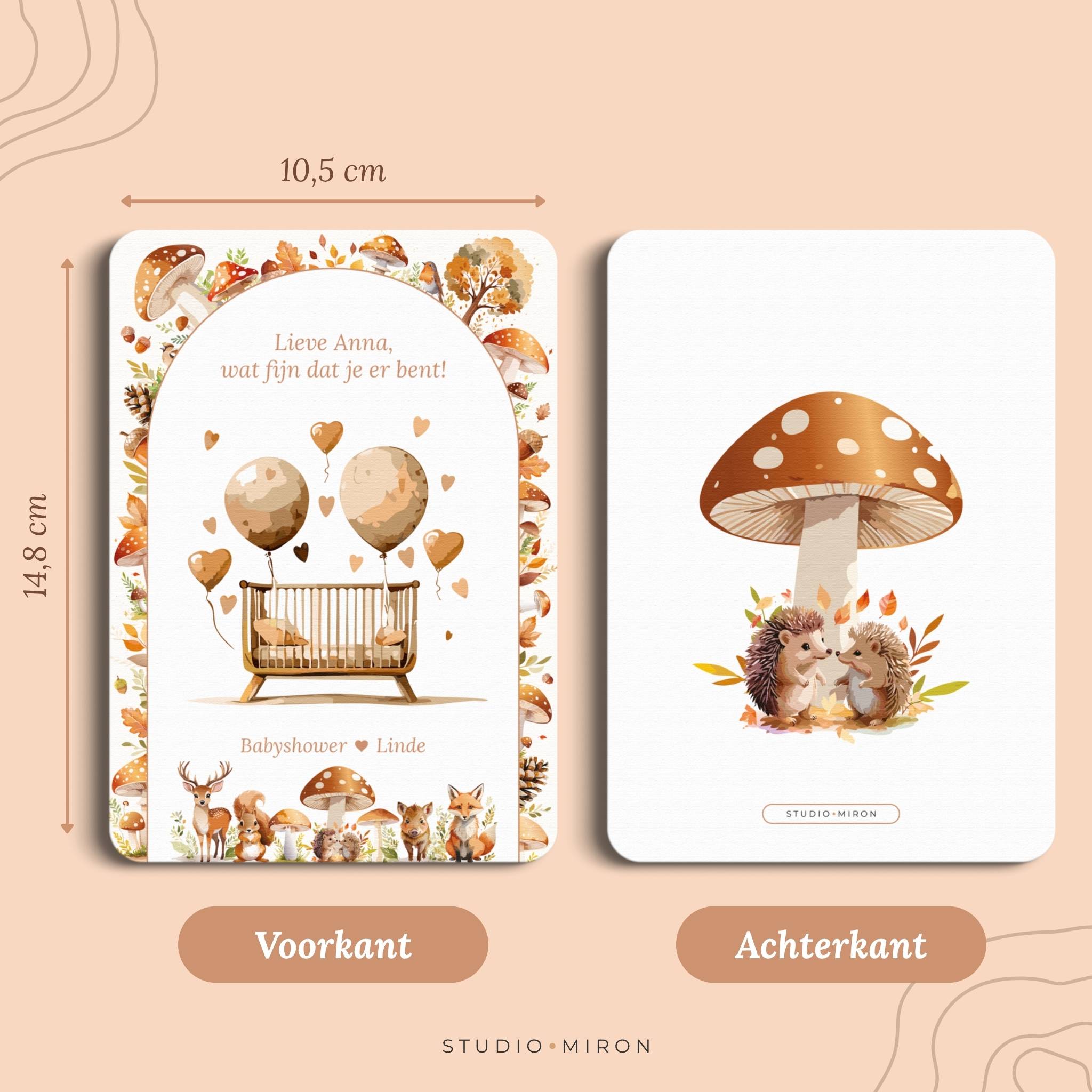 Babyshower decoratie welkomstposter naamkaart formaat voorkant en achterkant bosdieren Studio Miron