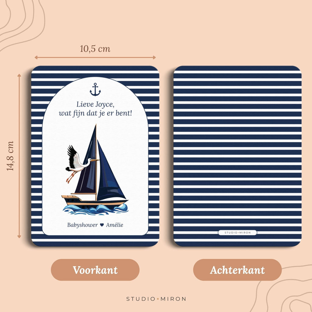 Babyshower decoratie welkomstposter naamkaart formaat voorkant en achterkant navy blue Studio Miron