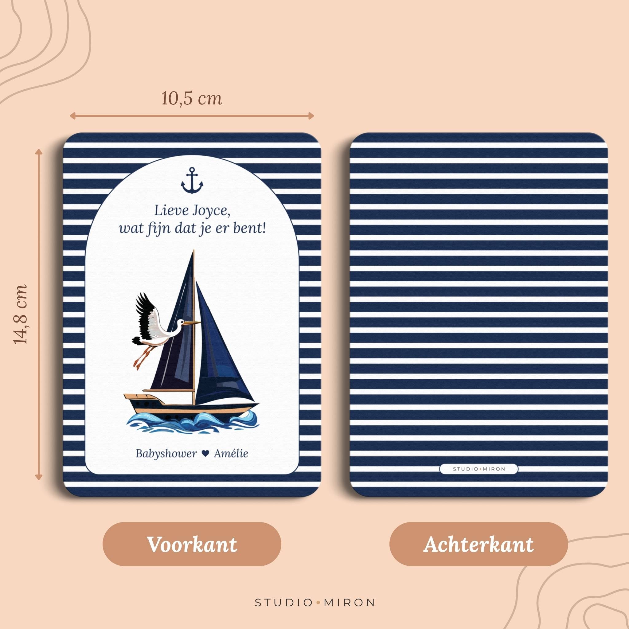 Babyshower decoratie welkomstposter naamkaart formaat voorkant en achterkant navy blue Studio Miron