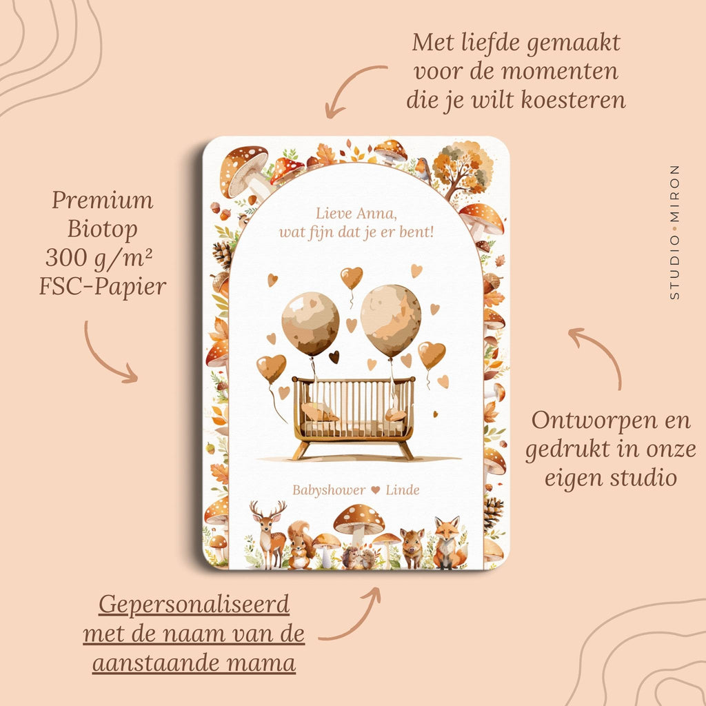 Babyshower decoratie welkomstposter naamkaart pluspunten bosdieren Studio Miron