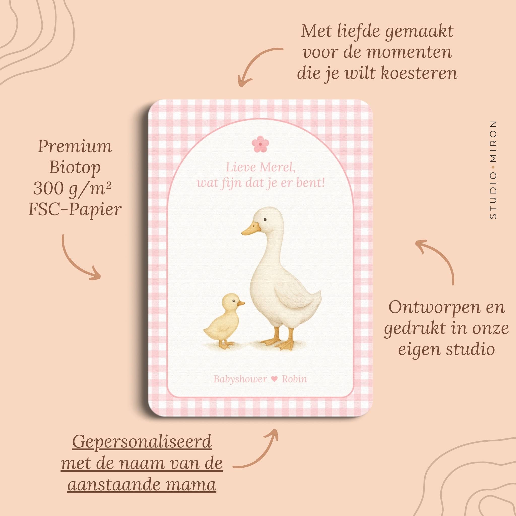 Babyshower decoratie welkomstposter naamkaart pluspunten gingham roze Studio Miron
