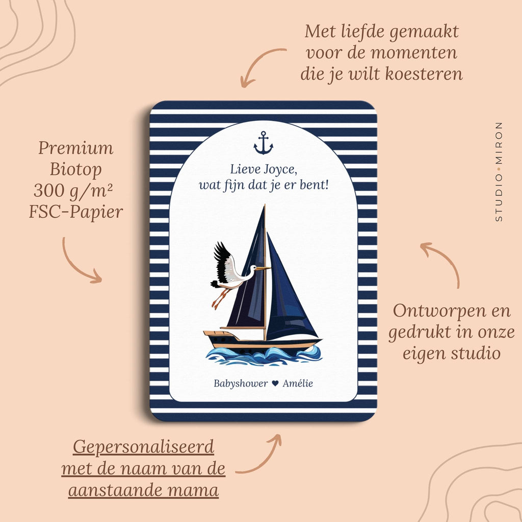 Babyshower decoratie welkomstposter naamkaart pluspunten navy blue Studio Miron