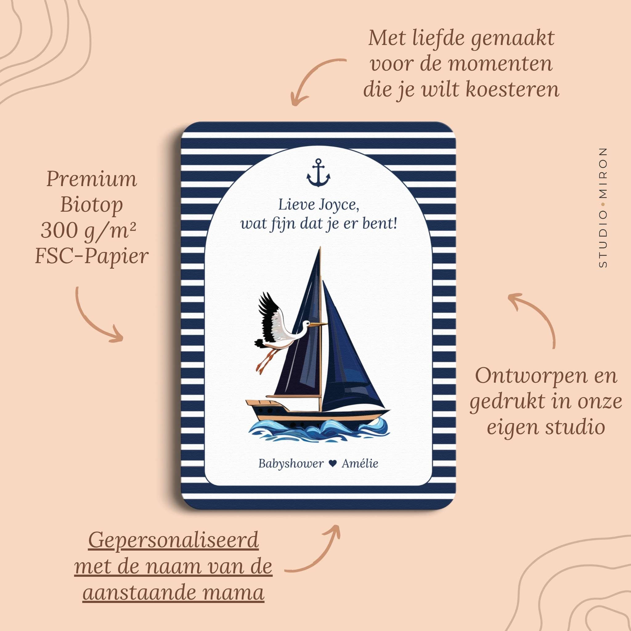 Babyshower decoratie welkomstposter naamkaart pluspunten navy blue Studio Miron