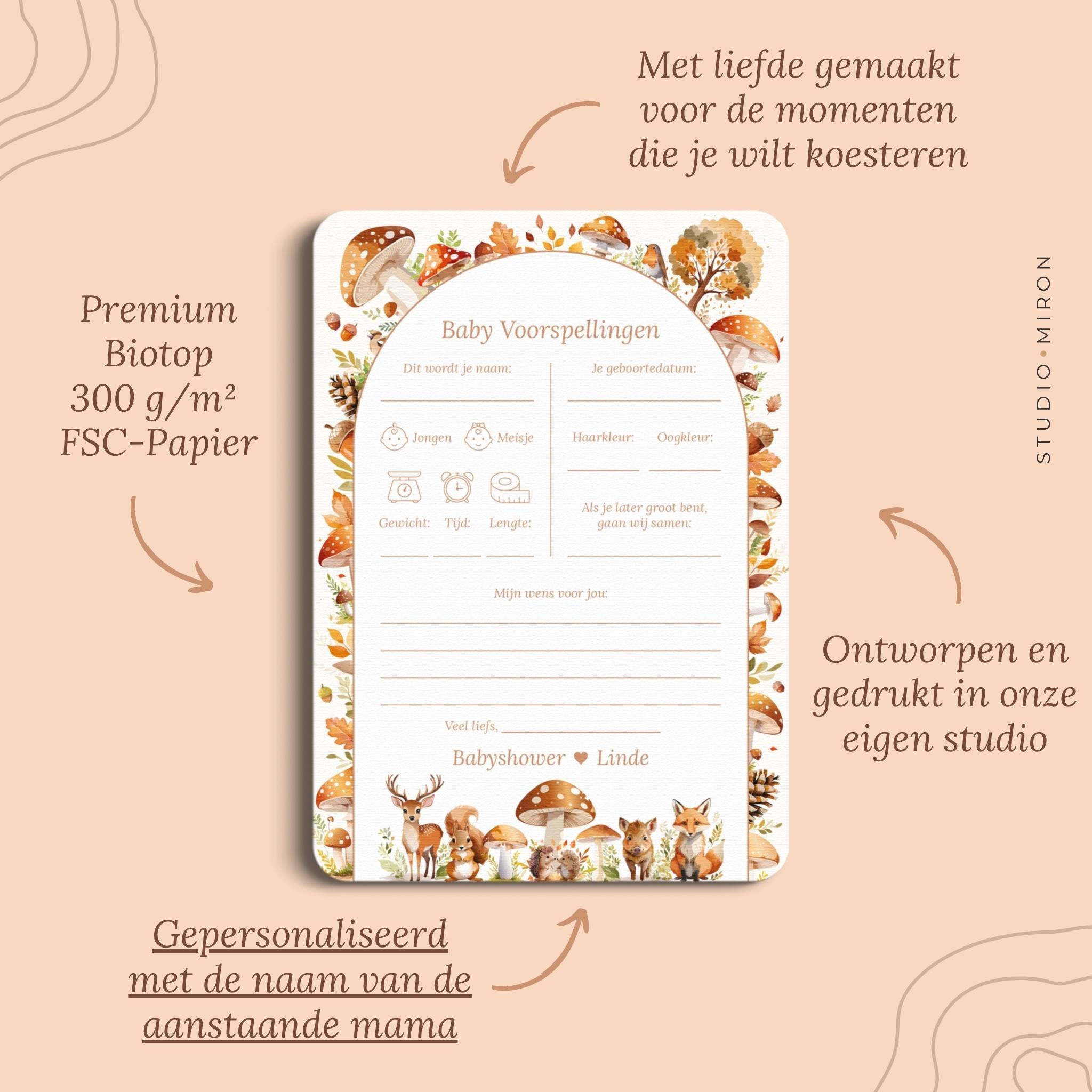 Babyshower invulkaarten baby voorspelling pluspunten bosdieren Studio Miron