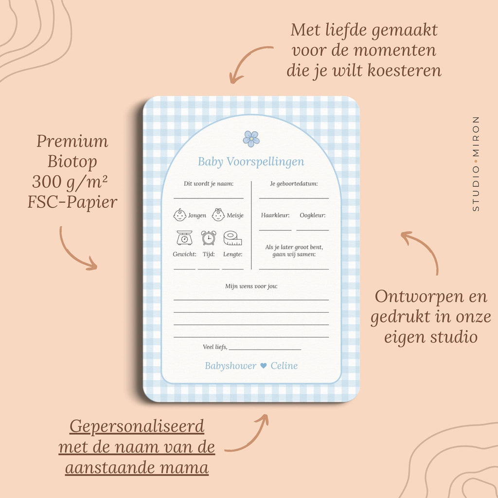 Babyshower invulkaarten baby voorspelling pluspunten gingham blauw Studio Miron