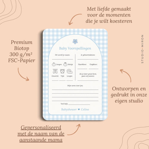 Babyshower invulkaarten baby voorspelling pluspunten gingham blauw Studio Miron