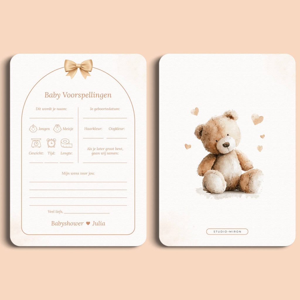 Babyshower invulkaarten baby voorspellingen boho beige beertje voor en achter Studio Miron
